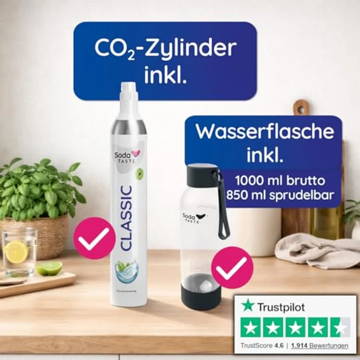 SodaTASTE UNO Wassersprudler, modular & ohne Strom, kompatibel mit CO₂-Zylindern mit Standard-Schraubgewinde, inkl. 1L-Wasserflasche, CO₂-Zylinder (Classic) & schwarzem Flaschentrockner – Bild 2