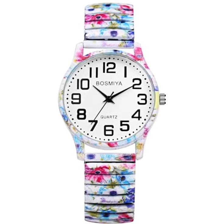 JewelryWe Boho Elastische Damenuhr, Analog Quarz mit Tintenblumen Druck, Edelstahl Stretch-Armband, Große Zahlen, 18-22 cm verstellbare Größe – Bild 1