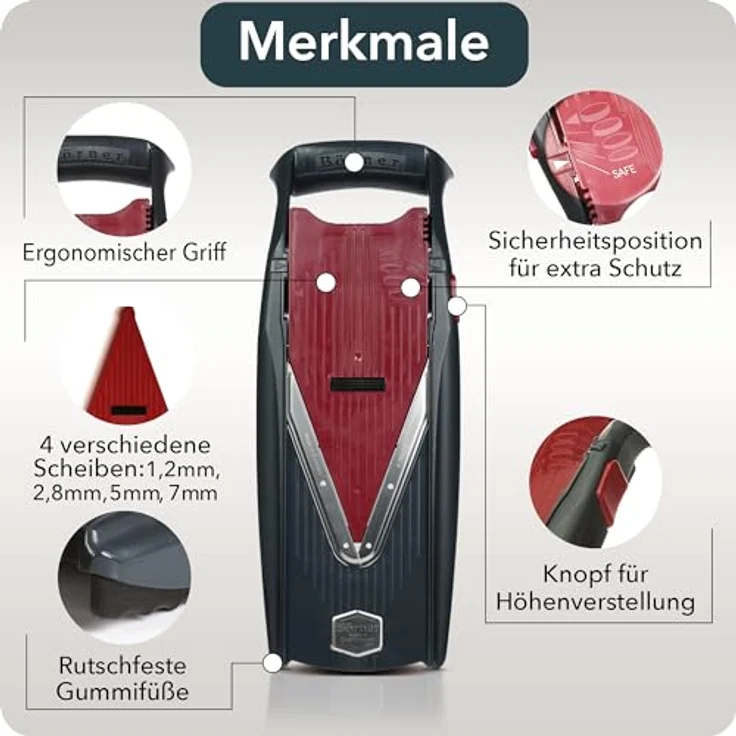 Börner Vital Mandoline Gemüsehobel Basis Set (4-tlg.) • Gemüseschneider (V-Hobel) für Obst & Gemüse + Zubehör • 4 Schnittarten • Küchenhobel – Bild 4
