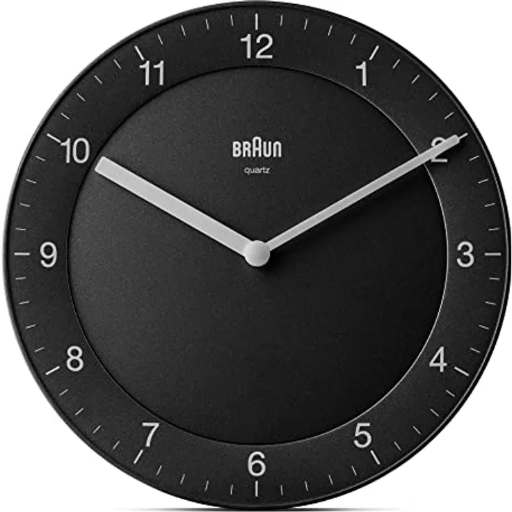 Braun Klassische analoge Quarzwanduhr in Schwarz/ruhiges Präzisions-Quarzuhrwerk/einfach abzulesendes Zifferblatt/Mattes Gehäuse/Durchmesser 20 cm/Modell BC06B