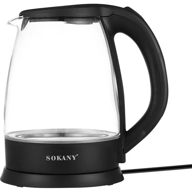 Sokany SK-SH-1097, Wasserkocher 1500W mit 2L Fassungsvermögen, 360° Sockel, transparentes Glas, Schwarz