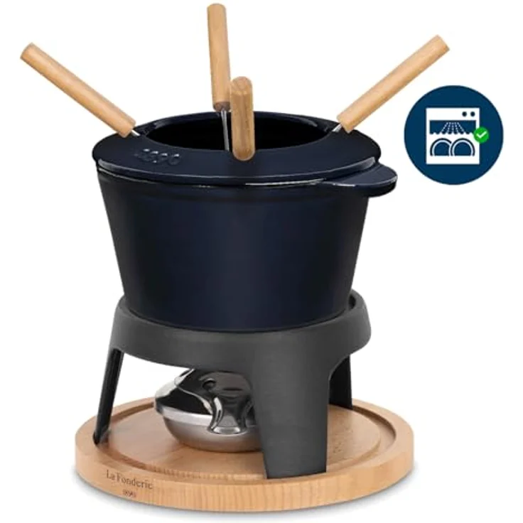La Fonderie 1890 Fondue-Set Mont d'Arbois, Gusseisen für 4 Personen, 1,2 L, spritzfester Deckel, 4 Gabeln mit Buchenholzgriffen – Bild 2