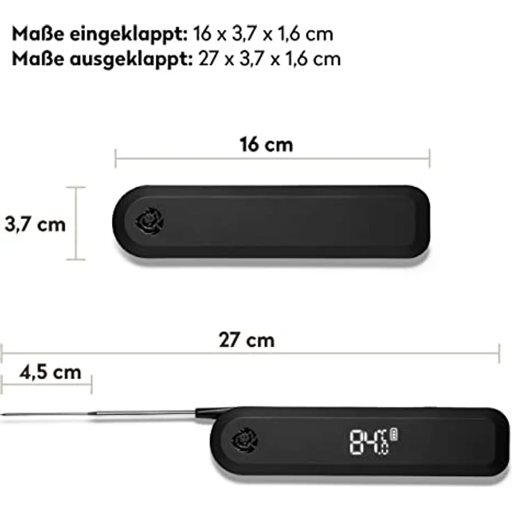 BURNHARD Einstich-Thermometer klappbar, Grillthermometer + Lederschutzhülle, Bratenthermometer, Ultraschnelle Messung, 1,5mm Messspitze, 180° Invisible-Off LED-Display, USB Akkubetrieben – Bild 3