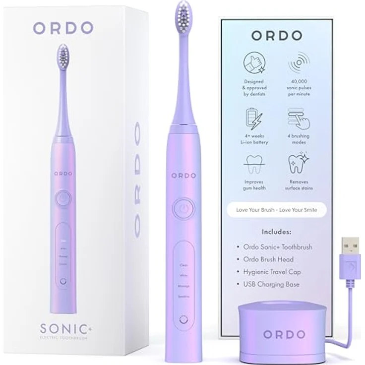 Ordo Sonic+ Elektrische Zahnbürste mit 4 Putzmodi, schnellem Akku, Silikon-Polierelement und USB-Ladegerät, Perlviolett – Bild 1