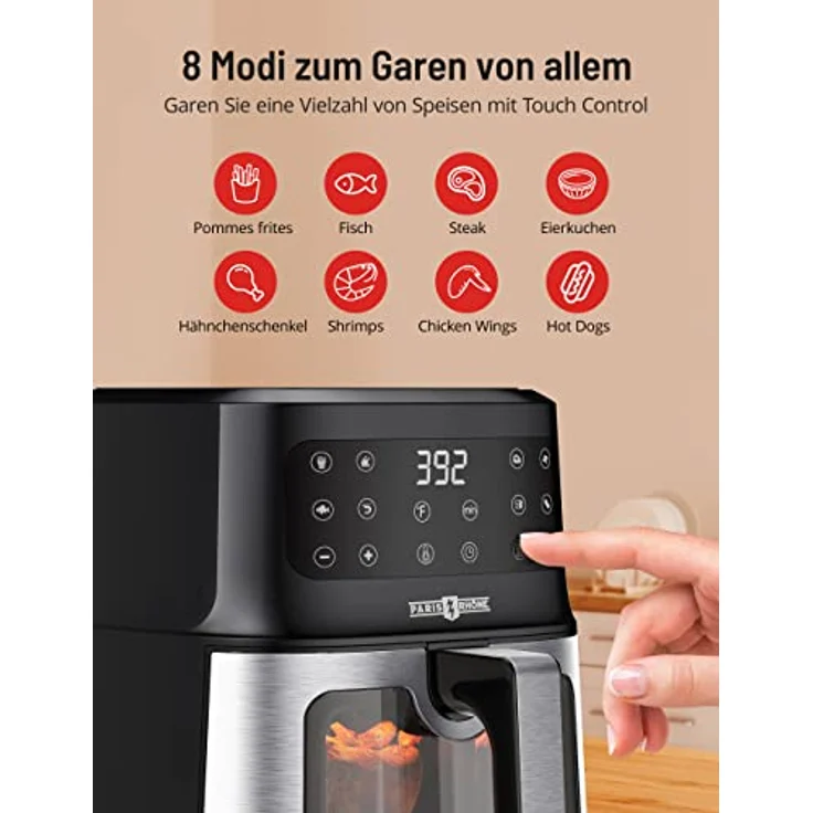 PARIS RHÔNE Heißluftfritteuse 4L XL mit Sichtfenster, 8-in-1 airfryer spülmaschinenfest mit One-Touch-Bedienung, antihaftbeschichteter Korb & abnehmbares Tablett – Bild 3