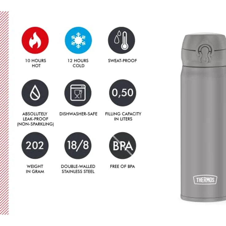 THERMOS ULTRALIGHT BOTTLE 0,50 l, moon rock mat, Thermosflasche aus Edelstahl, 10 heiß / 20 h kalt, absolut dicht für Wasser, Tee, stille Getränke – Bild 4