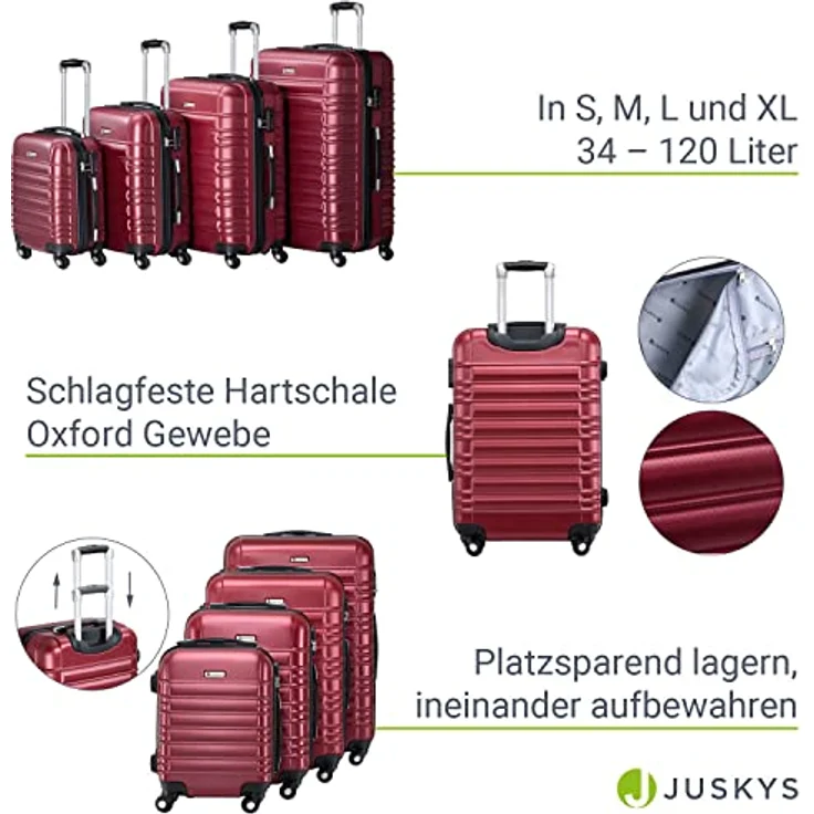 Juskys Hartschale Kofferset Reisekoffer 4 teilig - Zahlenschloss, geräuscharme 360° Rollen groß, Teleskopgriff, leicht - Koffer in Rot – Bild 4