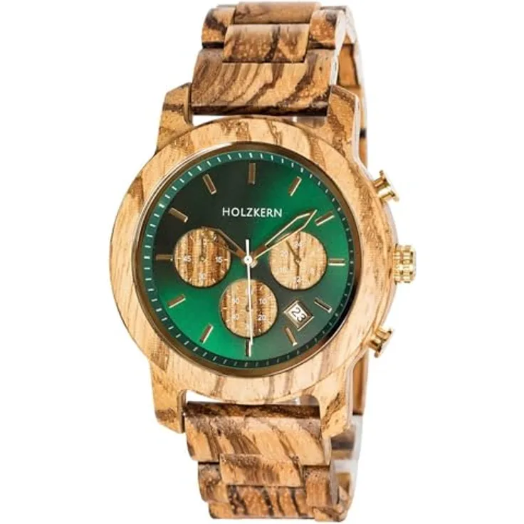 HOLZKERN Chronograph Herrenuhr Blätterdach Zebrano/Marmor, grünes Zifferblatt, 60 Minuten Stoppuhrfunktion, braunes Holzarmband
