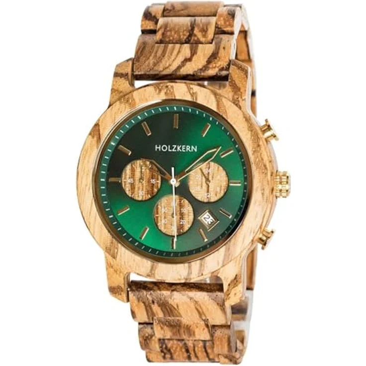 HOLZKERN Chronograph Herrenuhr Blätterdach Zebrano/Marmor, grünes Zifferblatt, 60 Minuten Stoppuhrfunktion, braunes Holzarmband – Bild 1
