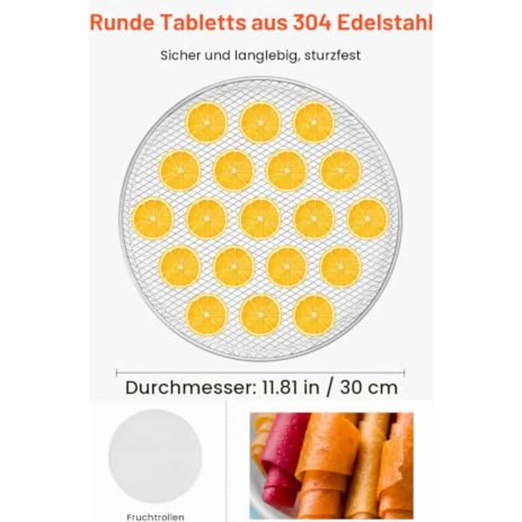 VEVOR Dörrgerät Dörrautomat 12 Edelstahlschalen, 800 W mit einstellbarer Temperatur und 24-Stunden-Timer für Trockenfleisch, Obst, Gemüse und Kräuter – Bild 3