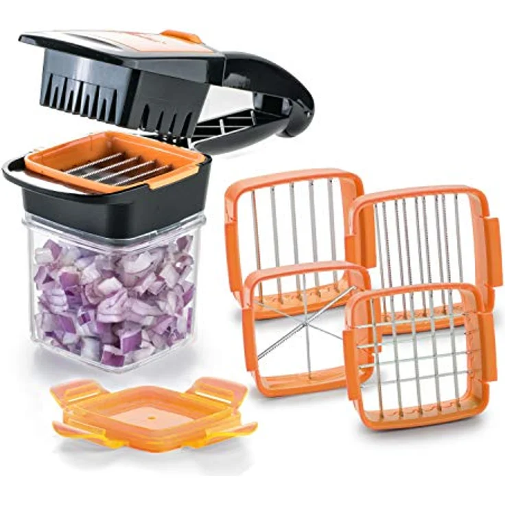 Genius Nicer Dicer Quick Zerkleinerer für Obst und Gemüse | 5 in 1 Multischneider mit austauschbaren Messereinsätzen | 30 Würfel oder 10 Scheiben mit einem klick (Orange), Edelstahl, 8 x 12 x 21 cm – Bild 2