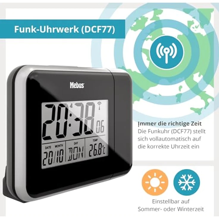 Mebus 42425 Projektions-Funkwecker, mit roter Uhrzeitprojektion, Innenthermometer und blauer Hintergrundbeleuchtung – Bild 7