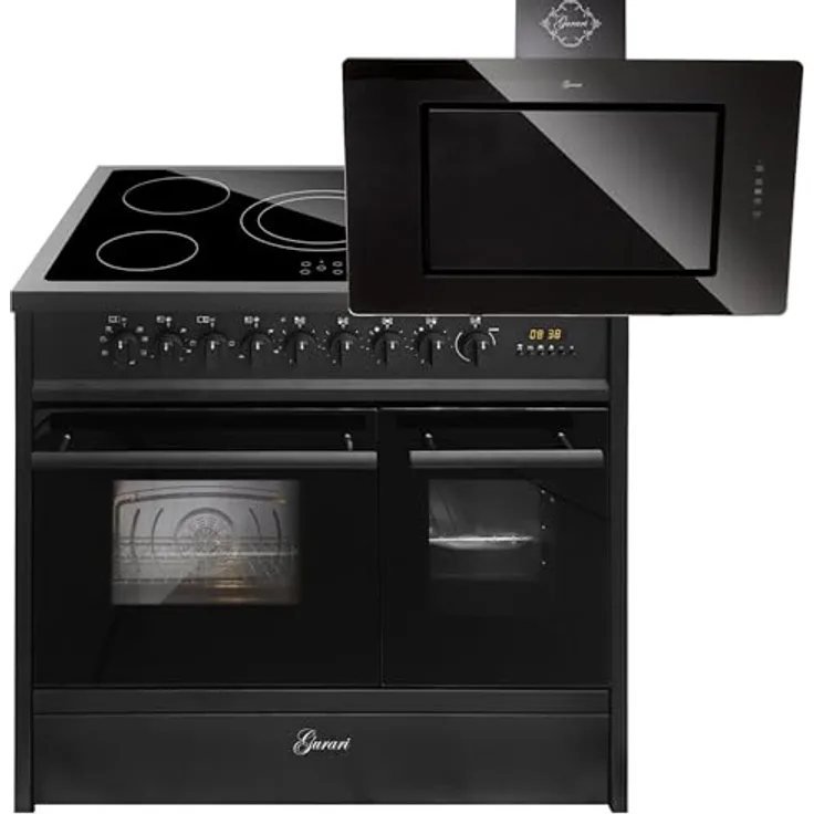 GURARI Elektro-Standherd GCH E 912 DF BL, 90 cm mit Doppelbackofen, 1-fach-Teleskopauszug und Dunstabzugshaube GCH S 155 BL Prime in Schwarzglas