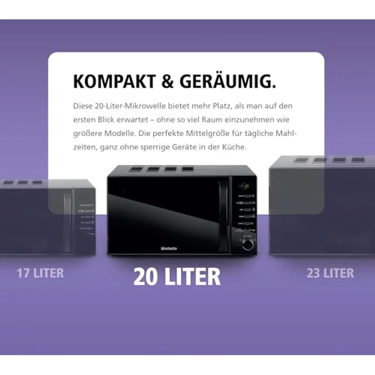 Brabantia BBEK1145DG Mikrowelle mit Grillfunktion, 20 Liter, 700 W, 13 automatische Programme, digitaler Timer, schwarz – Bild 4