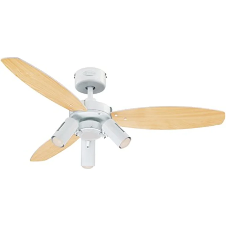 Westinghouse Lighting Jet Plus, Deckenventilator, Leuchte mit 3 Strahlern, Metall, 1 W, Ausführung in Weiß mit Wendeflügeln in Weiß|Ahorn hell, 105 x 105 x 37 cm – Bild 2