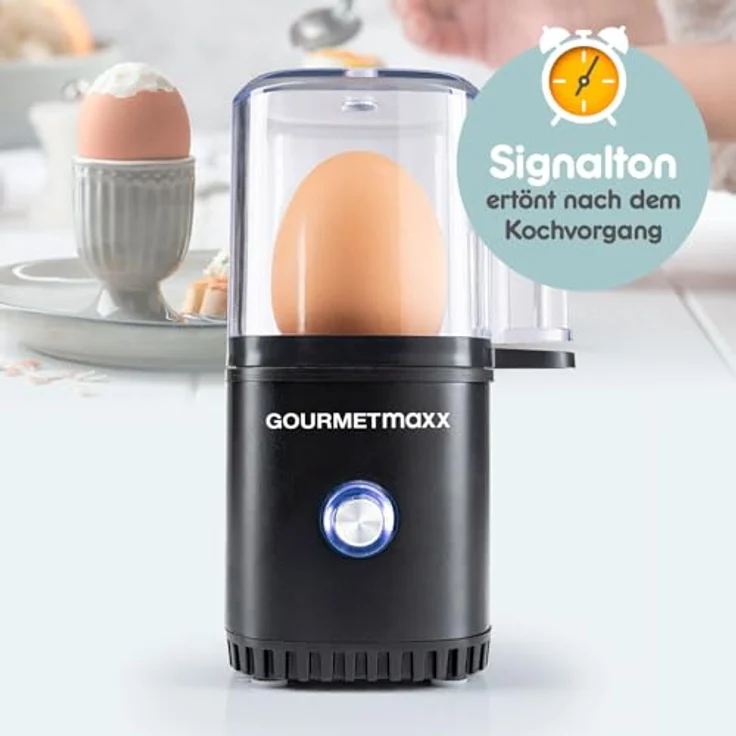 GOURMETmaxx Mini Eierkocher für 1 Ei, kompakt mit Eierstecher und 3 Härtegraden, spülmaschinenfeste Teile, schwarz – Bild 3