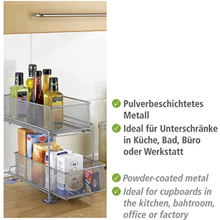WENKO Schubladenregal Gioma, hochwertiger Organizer mit 2 Etagen und Korb-Auszug für Küchenschrank oder Arbeitsplatte, Küchenregal aus pulverbeschichtetem Metall, 35 x 33,5 x 18,5 cm, Silber-Matt – Bild 3