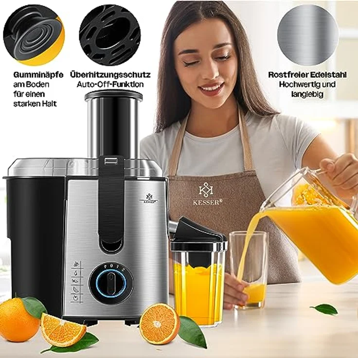 KESSER Entsafter für Obst und Gemüse, aus Edelstahl, 1100W, große 85 mm Einfüllöffnung, inkl. Reinigungsbürste und Saftbehälter, 3 Geschwindigkeitsstufen, Saftpresse Juicer, silber – Bild 5