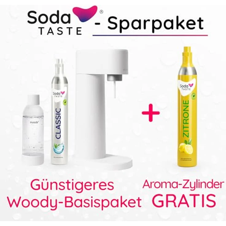 SodaTASTE Sparpaket: Mysoda Woody - Wassersprudler aus erneuerbarem Holzkomposit mit 1L BPA-freier Plastikflasche, CO2-Zylinder Classic + CO2-Zylinder Zitrone (Weiß) – Bild 2