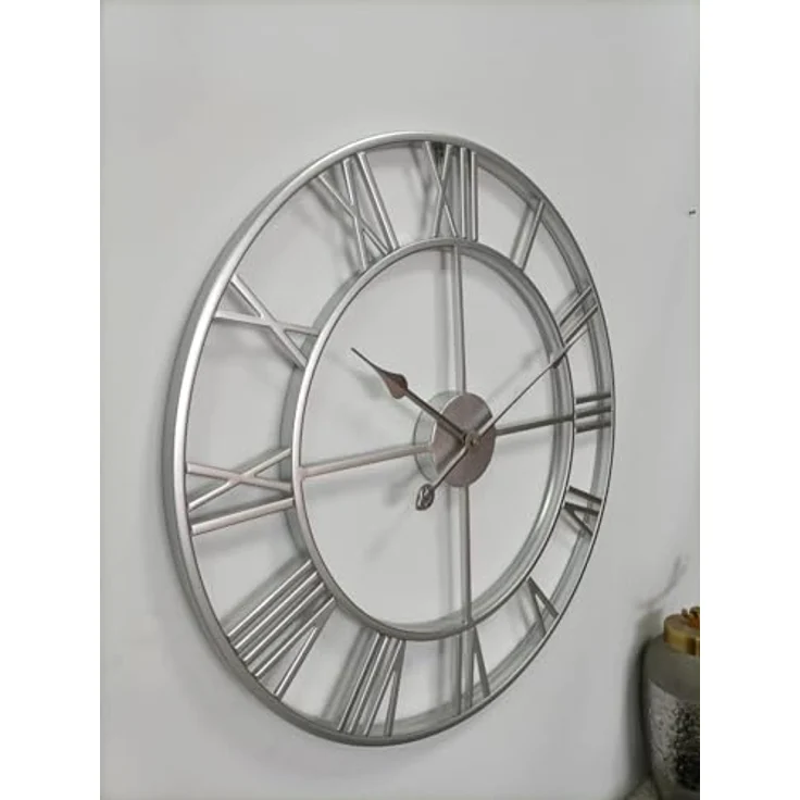 Samilto Große Wanduhr im Vintage-Stil, rund, geräuschlos, Schwarz (Silber, 60 cm) mit Extraset Uhrzeiger in Gold – Bild 2