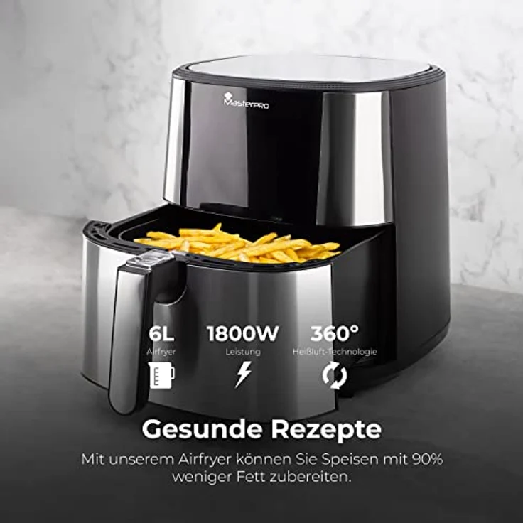 MasterPro Foodies Fritteuse-Set ohne Öl XXL 6 l und 1800 W zusammen mit Ölspray, LED-Touchscreen und Antihaft-Korb Luftfritteuse 8 verschiedene Funktionen in 1, BGKIT-0039, Grau – Bild 2