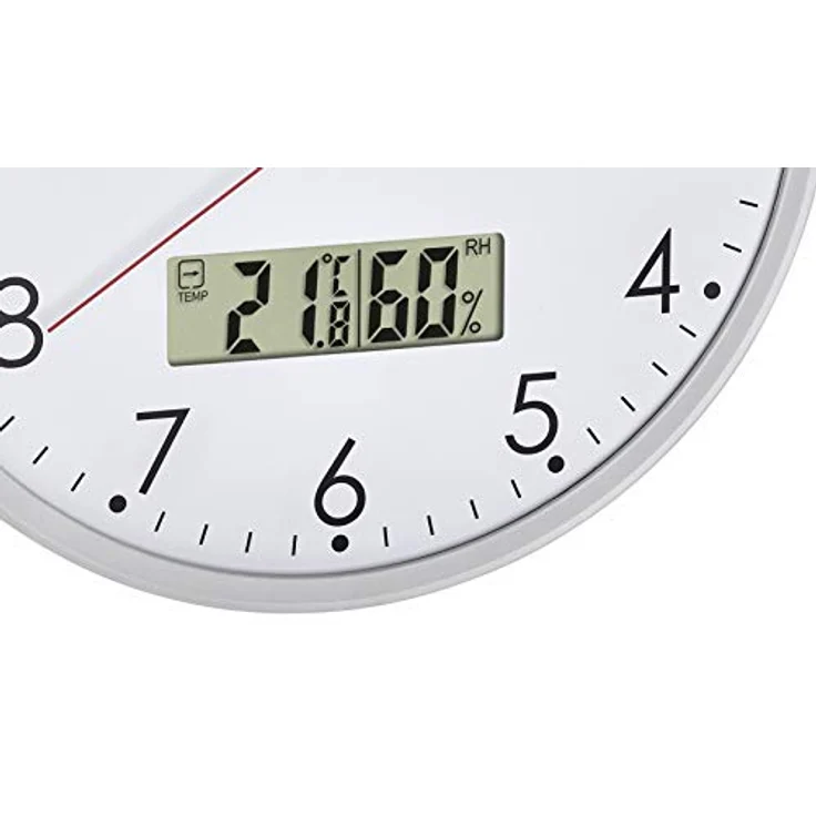 TFA Dostmann Analoge Wanduhr mit digitalem Thermometer und Hygrometer, zur Raumklimakontrolle, Glas, Weiß, Ø 302 x H 47 mm – Bild 4