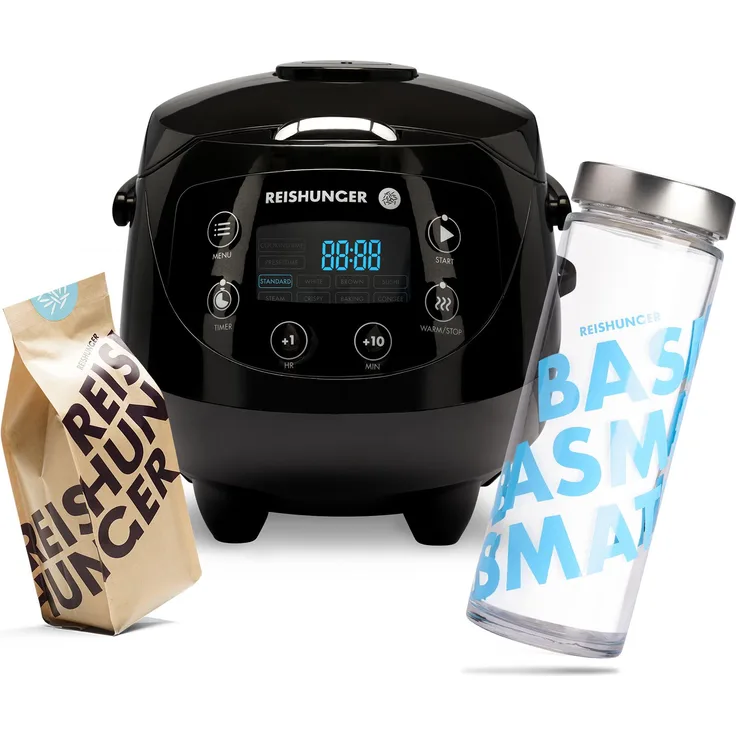 Reishunger Digitaler Mini Reiskocher, schwarz, 0,6 L für bis zu 3 Personen, inkl. Basmati Reisglas & 600g Basmati, mit Warmhaltefunktion, Timer & Premium Keramik-Topf