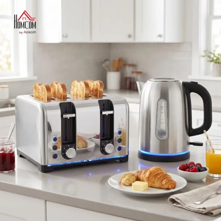 HOMCOM Wasserkocher und Toaster Set, 1,7 l Schnellkoch-Wasserkocher und 4-Scheiben-Toaster, Silber – Bild 2