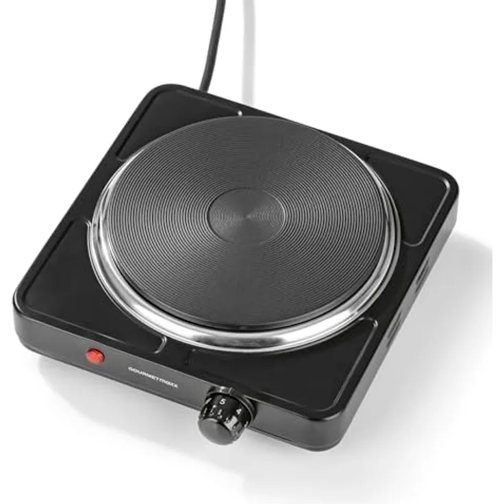 GOURMETmaxx Elektrische Kompakt-Herdplatte | 1500W, Stufenlose Temperaturregulierung, Integrierter Thermostat, Kontrollleuchte | Ideal für Camping, Büro & kleine Küchen | Für Töpfe bis 18,5 cm