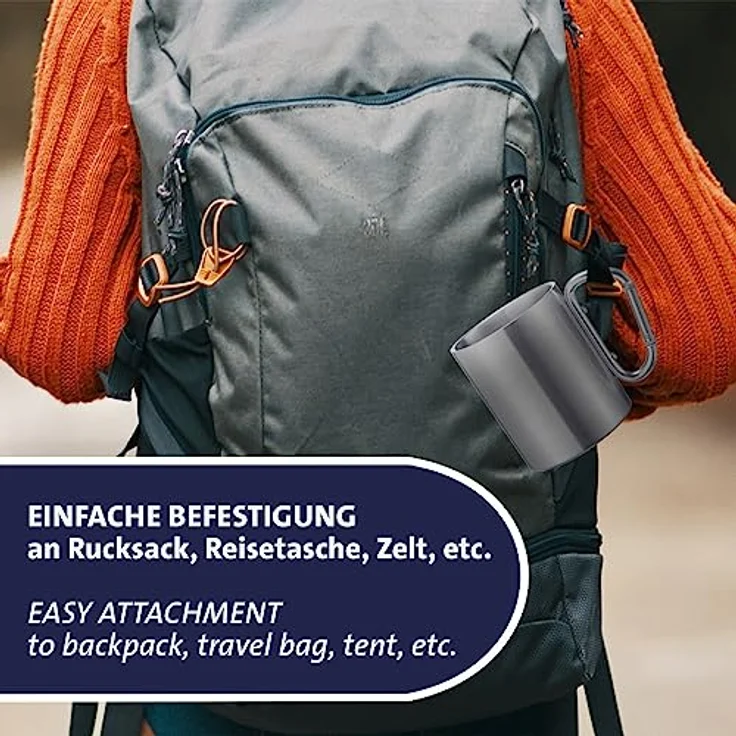 Westmark Edelstahltasse mit Karabinerhaken – praktische Camping-Tasse Outdoor, ideal für heiße und kalte Getränke, Becher mit Karabiner zum Befestigen – 300 ml, Edelstahl, rostfrei – Bild 3