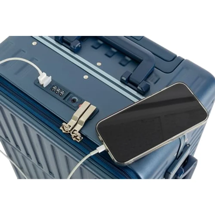 Travelhouse Hartschalen-Trolley Roma, 4 Rollen, mit USB und Getränkehalter Aluminium-Rahmen & Polycarbonat Hartschale, Handgepäckkoffer 55cm, blau – Bild 3