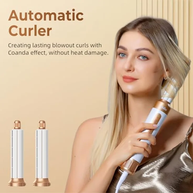 UKLISS Air Styler 7 In 1, Hochtouriger Motor (110.000 U/Min), Warmluftbürste Set mit 7 Aufsätzen für Trocknen, Glätten, Locken, Volumengeben, Ionen Pflege, Weiß – Bild 3