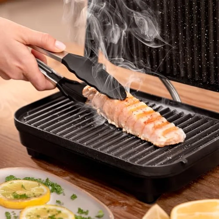 Cecotec Elektrischer Grill Rock'Ngrill 1300 Wood B, 1300W, schwarzes Design, Rockstone-Beschichtung, rutschfeste Basis, höhenverstellbare schwimmende Platte, Holzgriff – Bild 5