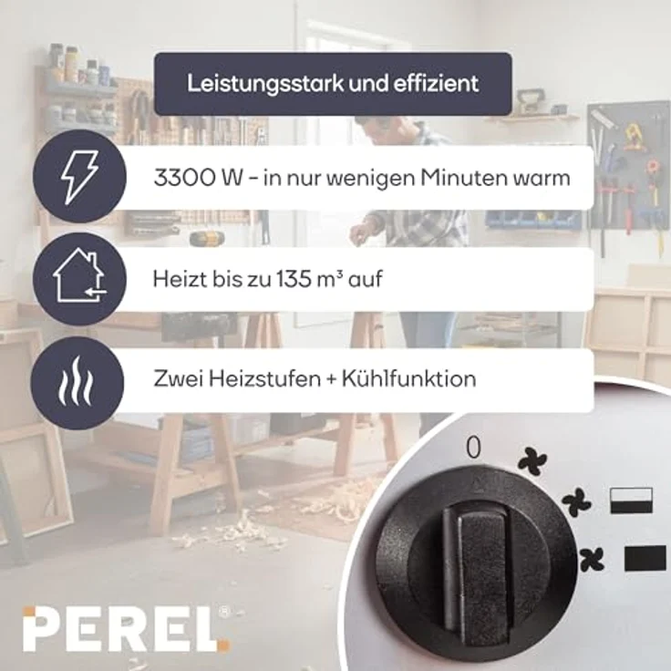 Perel Heizlüfter 3300W, elektrisch mit 2 Heizstufen, Thermostat, Kühlfunktion und Überhitzungsschutz, IP24 – Bild 6