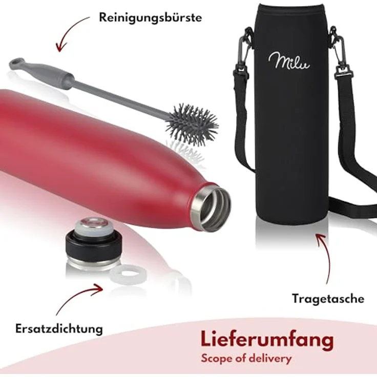 Milu Edelstahl Trinkflasche 500ml, doppelwandige Isolierflasche auslaufsicher, für kohlensäurehaltige Getränke, rot, inkl. Reinigungsbürste – Bild 5