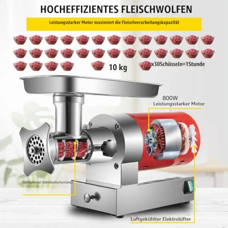 VEVOR elektrischer Fleischwolf 800 W, 300 kg/h, 180 U/min, Edelstahl, mit 2 Mahlplatten und Wurstset für gewerbliche Nutzung – Bild 4
