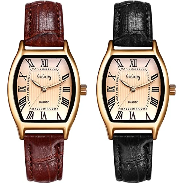 JewelryWe 2pcs Damen Analog Quarz Uhren, Retro Rechteckig mit Römischen Ziffern, Lederarmband in Schwarz/Braun – Bild 1