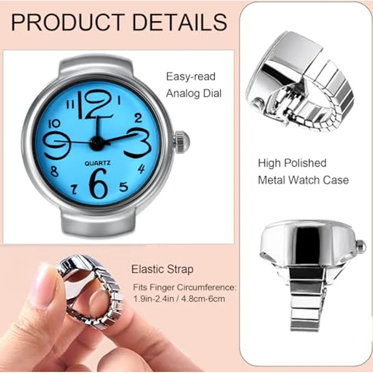 JewelryWe Ringuhr Fingeruhr für Herren und Damen, rund, analog, Quarz, elastisches Legierungsband, blau – Bild 3