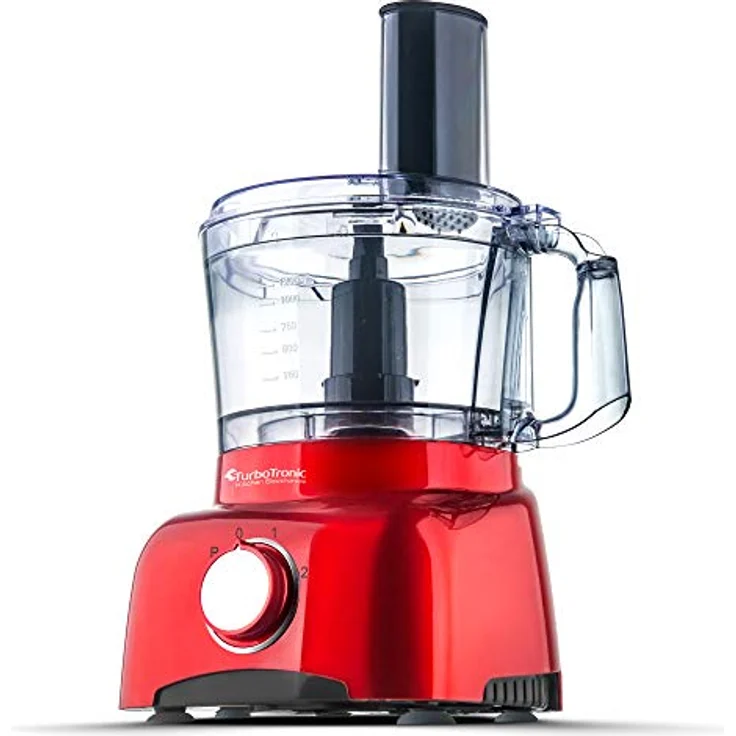 TurboTronic FP800 Küchenmaschine, 800 W mit 1,2 L BPA-freiem Behälter, Zerkleinerer, Zitruspresse, Mixer, multifunktional, schwarz-rot, 13-teiliges Zubehörset – Bild 3