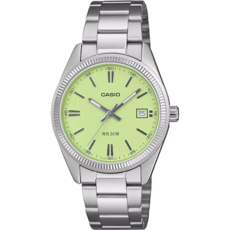 Casio Unisex Analog Quarz Armbanduhr Casio Collection, Edelstahlgehäuse mit grünem Zifferblatt, Datum und fünf bar Wasserdichtigkeit