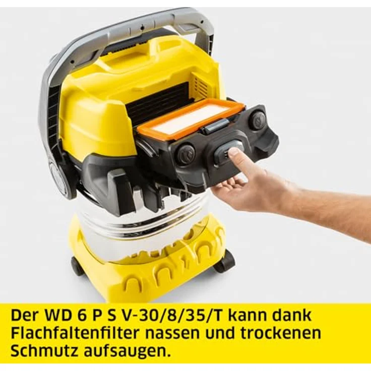 Kärcher WD 6 P S V-30/8/35/T, Nass-/Trockensauger mit 30l Edelstahlbehälter, 1.300 W, 8m Kabel und 3,5m Saugschlauch, inkl. Steckdose und Flachfaltenfilter – Bild 3