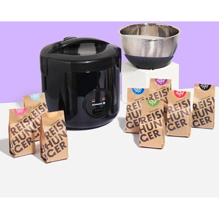 Reishunger REISHUNGER Basis Reiskocher Starter Set, Großer Basis Reiskocher schwarz Keramik, Reiswaschschüssel Edelstahl (Schwarz), 8-teiliges Reisset, 1,8l Fassungsvermögen, automatischer Warmhaltemodus – Bild 2