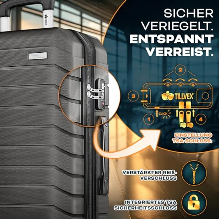 tillvex® Reisekoffer Set 3-TLG. Hartschalenkoffer mit 4 Rollen, TSA Schloss, Gepäckwaage, 6 Koffergurte & 3 Kofferanhänger, Farben Grau/Anthrazit, Größen S-M-L-XL – Bild 4