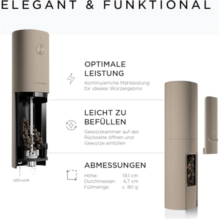 LARS NYSØM Salz und Pfeffer Mühle Elektrisch 2er Set mit einstellbarem Keramik-Mahlwerk von grob bis fein I Design Gewürzmühlenset Automatisch (2 Stück, Greige) – Bild 4