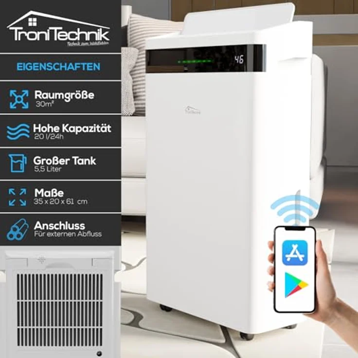 TroniTechnik TT-EF-04, Luftentfeuchter mit 20 l/Tag Entfeuchtungsleistung, WiFi-Steuerung, abnehmbarer Tank, automatische Abschaltung – Bild 3