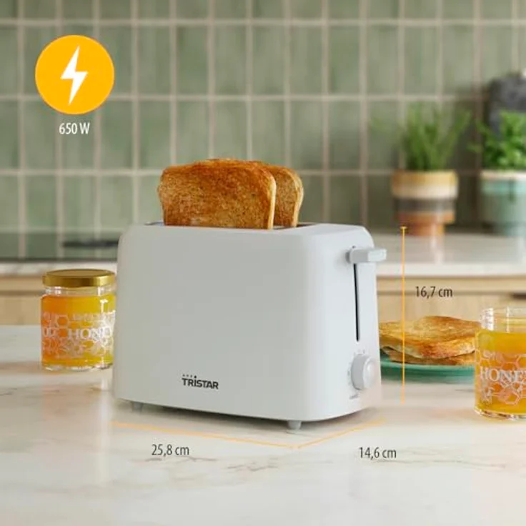 Tristar Toaster BR-1061, 2 Scheiben, 650W, 6 Bräunungsstufen, Auftauen-, Aufwärm- und Stoppfunktion, automatische Abschaltung, Krümelschublade, Brötchenaufsatz – Bild 2