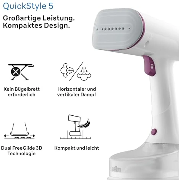 Braun QuickStyle 5 GS5011PU Dampfglätter, Dual FreeGlide 3D Technologie, FastSteam Technologie, Steamer, 22 g/min Dampf, 150 ml Wassertank, 1200W, Weiß/Violett – Bild 2