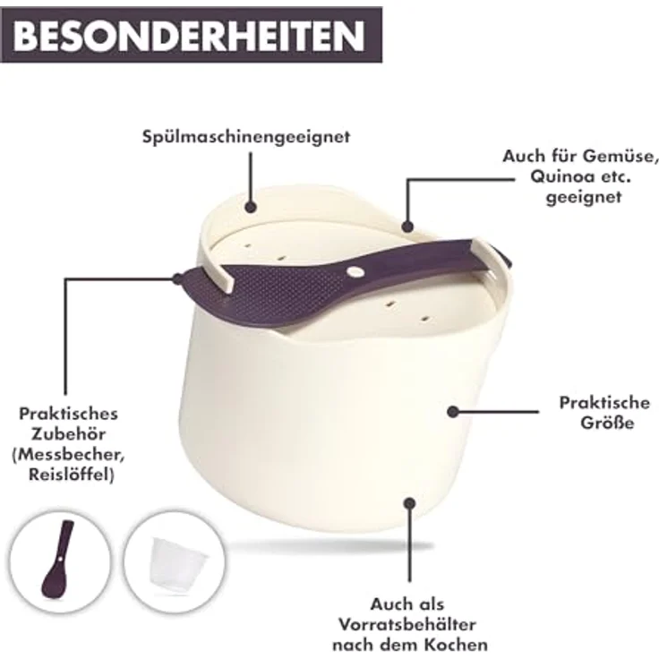 REISHUNGER Mikrowellen Reiskocher (1,7 l) - weiß - Für perfekt gegarten Reis in nur 12 Minuten - Spülmaschinengeeignet – Bild 5