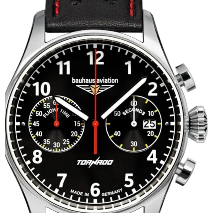 Bauhaus Herrenuhr Aviation CT-BHA Tornado Chronograph Schwarz/Rot - Edelstahl Gehäuse, Lederarmband, Mineralglas-Uhrglas – Bild 2