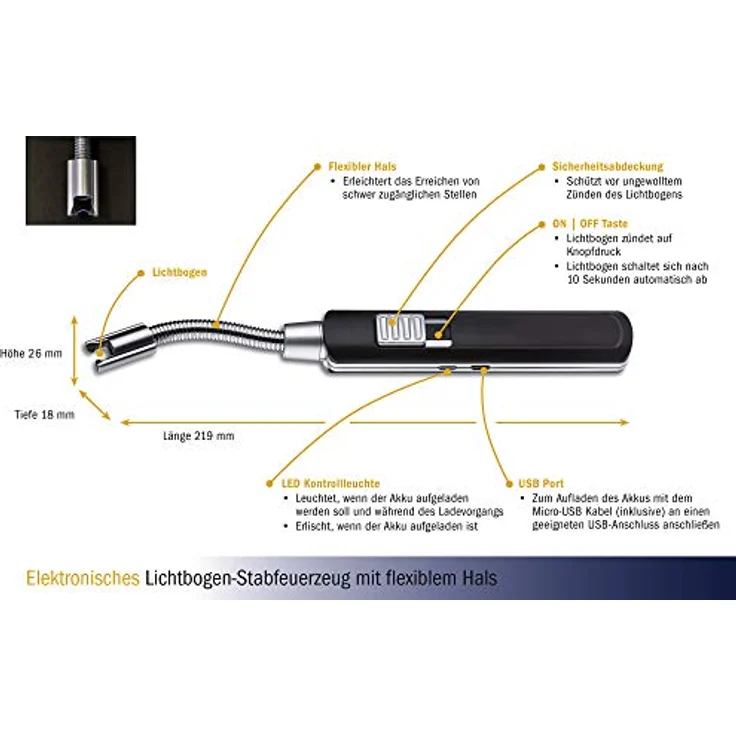 TFA Dostmann Elektrisches Stabfeuerzeug mit Lichtbogen, Kunststoff, schwarz, (L) 219 x (B) 26 x (H) 18 mm – Bild 5